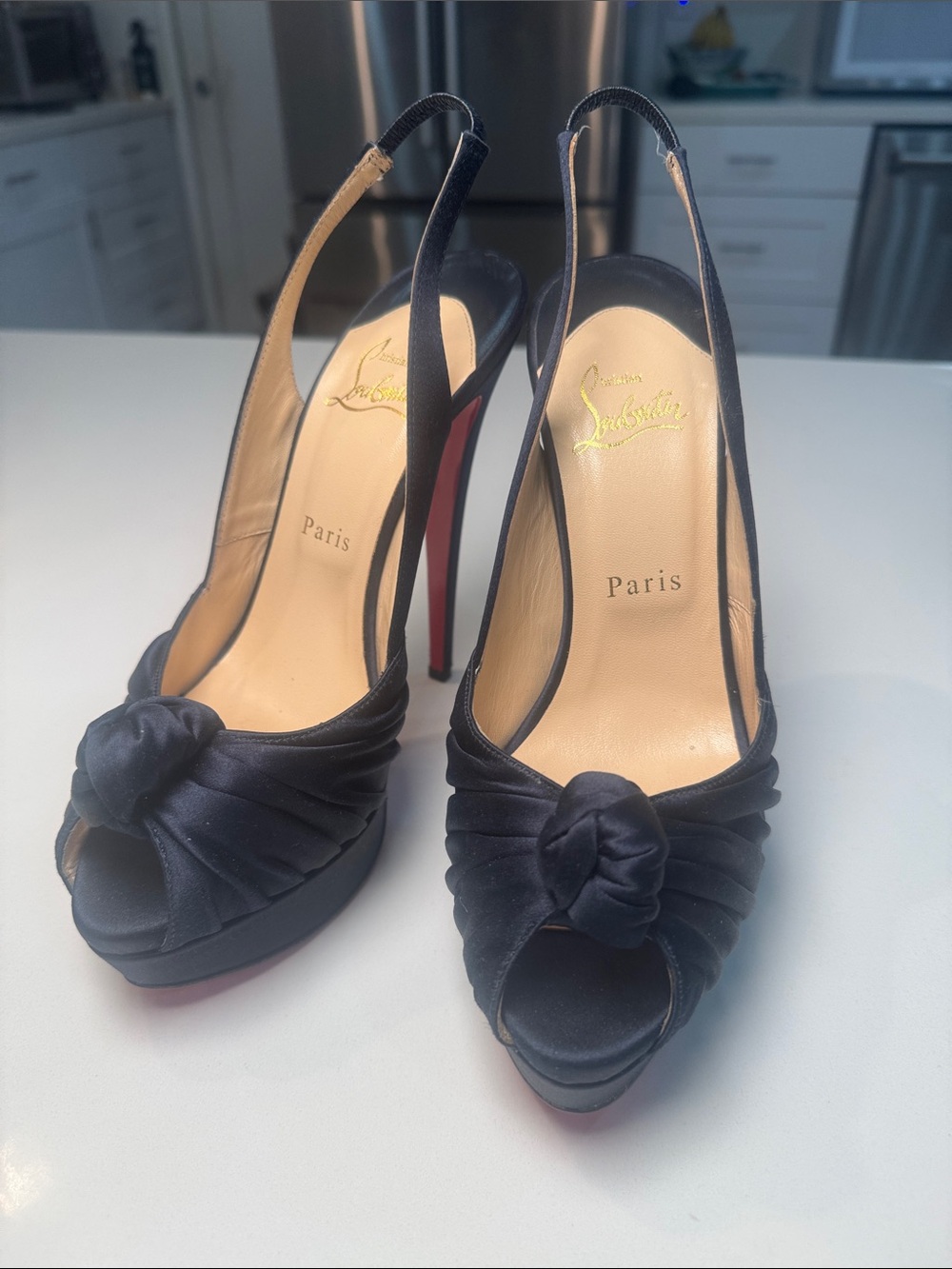 Christian Louboutin Black Satin Knotted Peep-Toe Slingback Heels with Red Sole